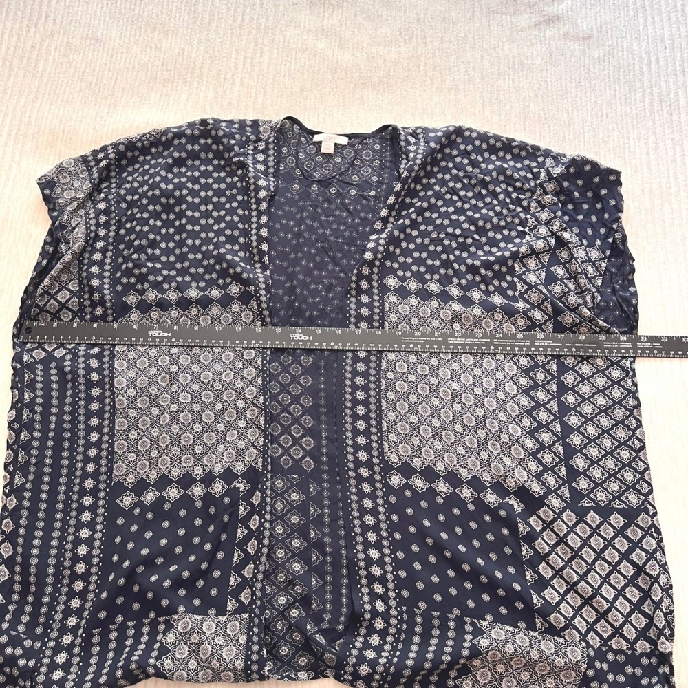 LOFT Navy Blue White Bandana Patchwork Tile Print Kimono Cardigan Open Front M/L - Picture 6 of 9